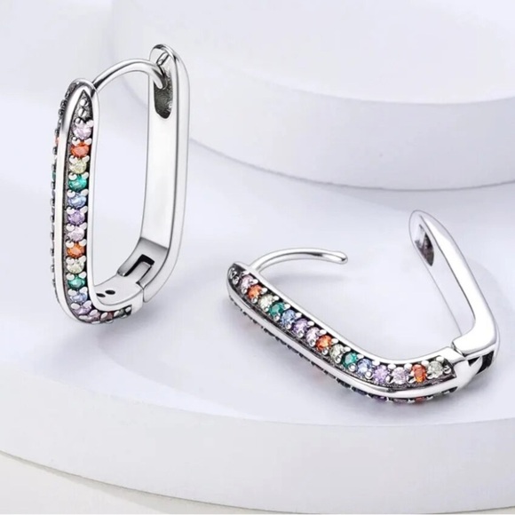 NWOT Sterling Silver multicolor pave rectangular hoop earrings - Picture 4 of 6